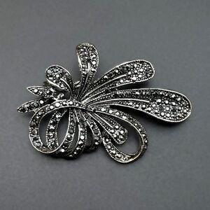 Silver with Dark Gray Crystal Floral Flower Ribbon Pin Back Brooch